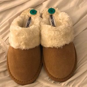 Minnetonka plush slides.